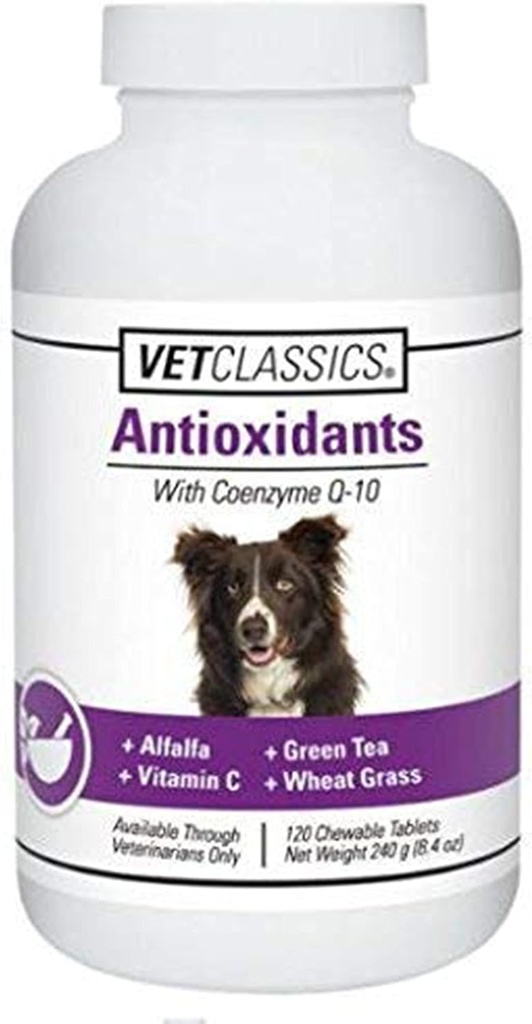 Vet Classics Antioxidanter med Coenzym Q- 10 til hunde, med Alfalfa, Grøn te, C-vitamin, & hvedegræs, 120 tyggetabletter