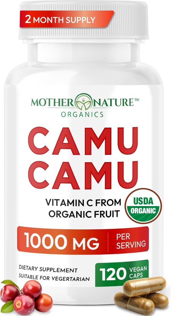 Organisk C-vitamin fra Camu Camu kapsler 1.000mg, pakket med naturlige VIT C, Raw Antioxidants - Immunsupport & Anti- Aging for Skin - Powder Organic, Vegan, Non- GMO (120 Count)