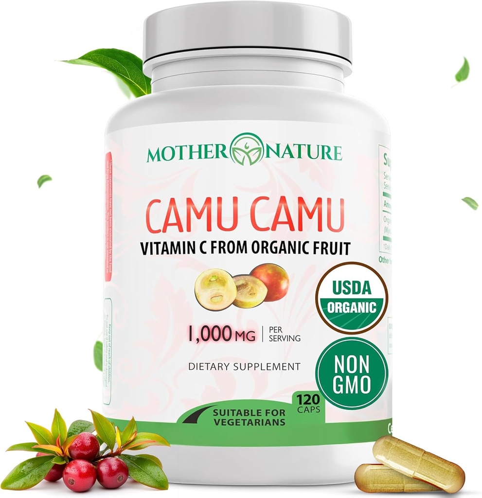 Organisk C-vitamin fra Camu Camu kapsler 1.000mg, pakket med naturlige VIT C, Raw Antioxidants - Immunsupport & Anti- Aging for Skin - Powder Organic, Vegan, Non- GMO (120 Count)