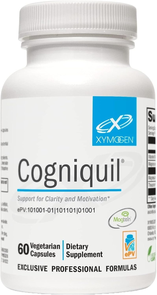 XYMOGEN Cogniquil - Støtte til Klarhed, Fokus, Motivation, Mental og fysisk energi - Magnesium L-Threonat til levering biotilgængelig Magnesium til The Brain, Theacrin + Vitamin B12 (60 kapsler)
