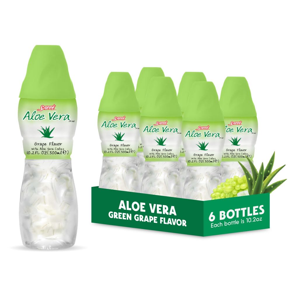 Aloe vera saft (Grape flavored) med større stykker ren aloe pulp (6 Pakker) Plantebaseret juice stor til hydrering og indeholder store aloe papirmasse. Det er sundt for voksne og børn