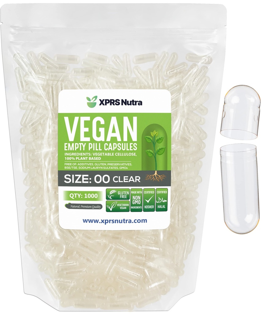 XPRS Nutra Størrelse 00 Tomme kapsler - 1000 klar greve Tomme Veganske kapsler - Vegetariske Tomme piller - DIY Vegetabilske Kapsler Filling- Veggie Pill Caps