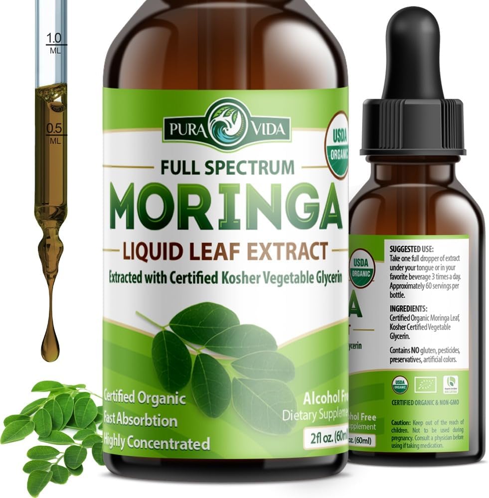 PURA VIDA MORINGA Leaf Extract Liquid Drops - USDA Organic Certified - Highly Purified, Bioavailable & Faster Absorption than Moringa Powder or Capsules - Single Origin Moringa Oleifera Leaves Extract