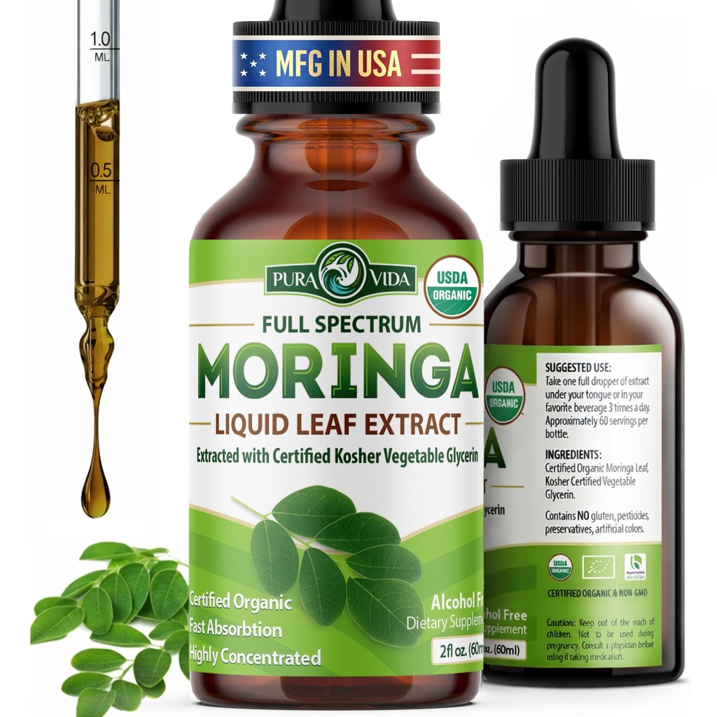 PURA VIDA MORINGA Leaf Extract Liquid Drops - USDA Organic Certified - Meget renset, Biotilgængelig & Hurtigere absorption end Moringa Powder eller Kapsler - Single Origin Moringa Oleifera Leaves Extract
