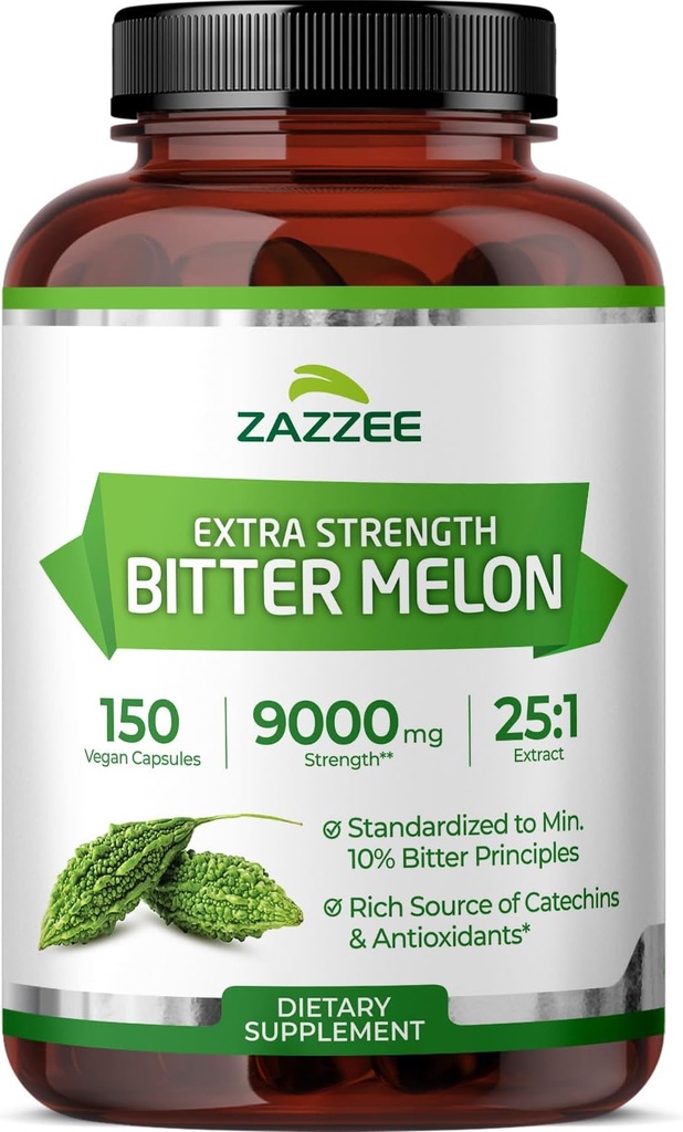 Zazzee Extra Strength Bitter Melon 25: 1 Extract, 9000 mg Strength, 10% Bitter Principper, 150 Veganske Kapsler, Standardiseret og koncentreret 25X Extract, 100% Vegetarisk, All- Natural og Non- GMO