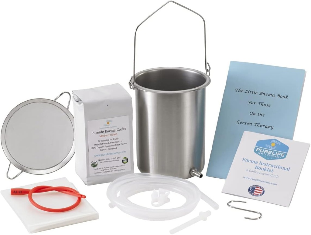 PureLife Coffee Enema Kit- Made in USA - Alt hvad du behøver Kit - 2 Qt USA Stainless Steel Enema Bucket - Lab Tested Organic Enema Coffee - Mold, Svamp, Mycotoksin Free - 1 Pound - Kaffetræner