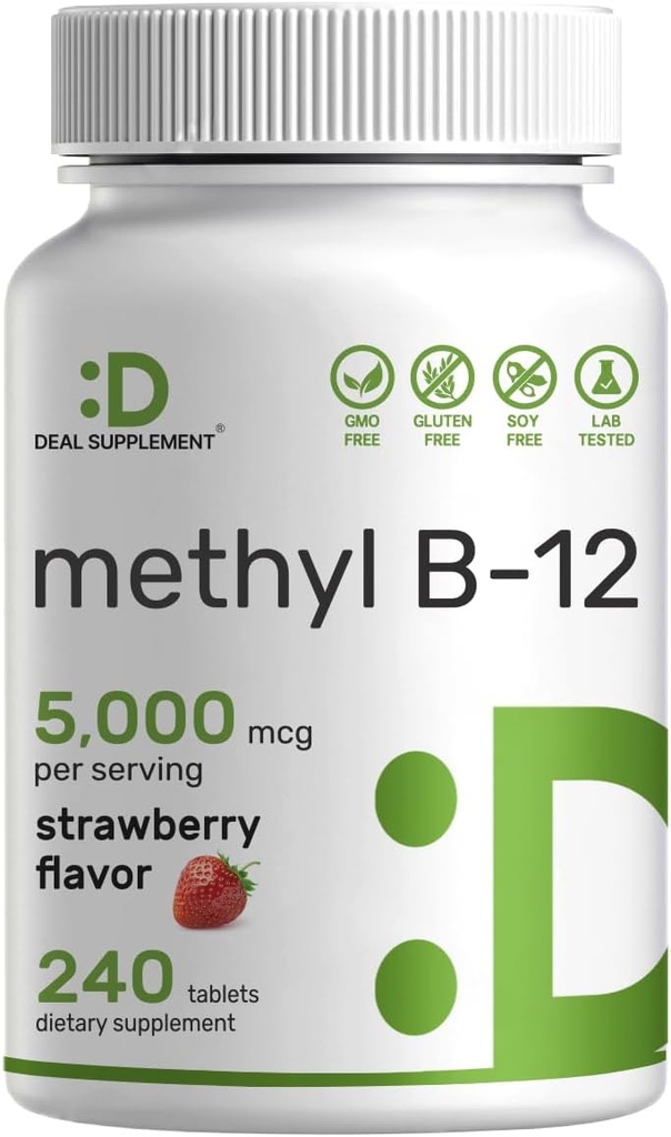 DEAL SUPPLEMENT Methyl B- 12 Vitaminer 5000 mcg, 240 tyggetabletter - Aktiv Form - Strawberry Flavored - Energy Support & Brain Health Function - Vegetar & GMO Free