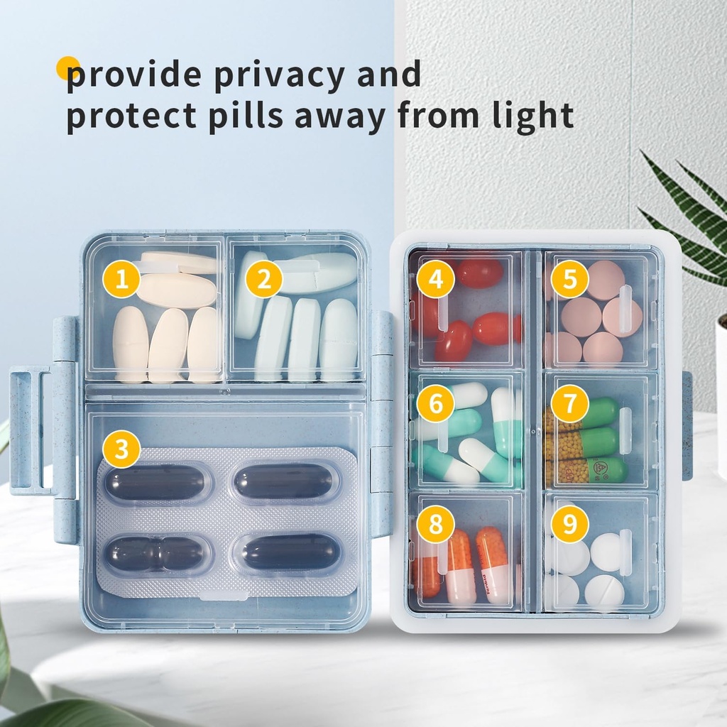 2 Pack 9 Compartments Travel Pill Organizer Box Fugt Bevis Lille Pill sag for Pocket Purse Daily Pill Holder Container for Medicine Vitami