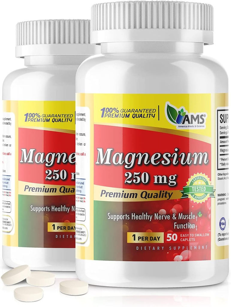 America Medic & Science Magnesium 250 mg (100 Caplets) | Pack of 2 Bottles | Magnesium Oxide Supplement for Men and Women | Supports Healthy Nerve and Muscle Functions | Boosts Exercise Performance