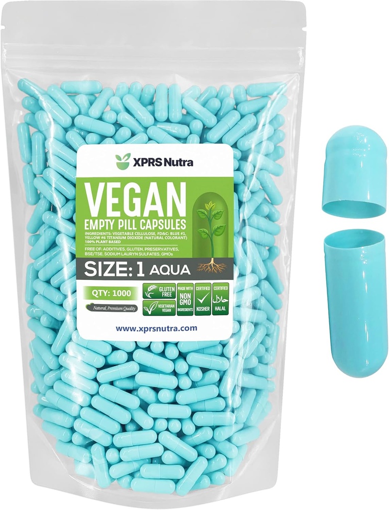 XPRS Nutra Størrelse 1 Tomme kapsler - 1000 Tomme Veganske kapsler - Vegetariske piller - DIY vegetabilsk Kapsel Filling- Veggie Pill Caps til Do- It- Yourself Kosttilskud (Aqua)
