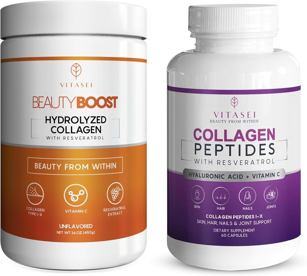 VITASEI Collagen Wellness Bundle - Hydrolyzed Collagen Peptider Powder & Collagen Peptid Kapsler med C-vitamin & Resveratrol - Støtte til hår, hud, negle, ben, & Joints