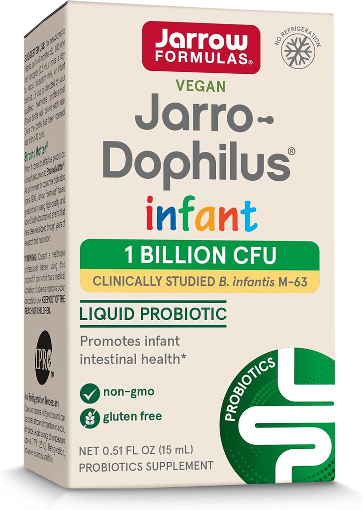 Jarrow Formulas ® Jarro- Dophilus ® Infant Liquid Probiotic, Kosttilskud, Intestinal Health Support for Spædbørn, 1 Billion CFU Per Servering, 0,51 fl oz, 30 Day Supply