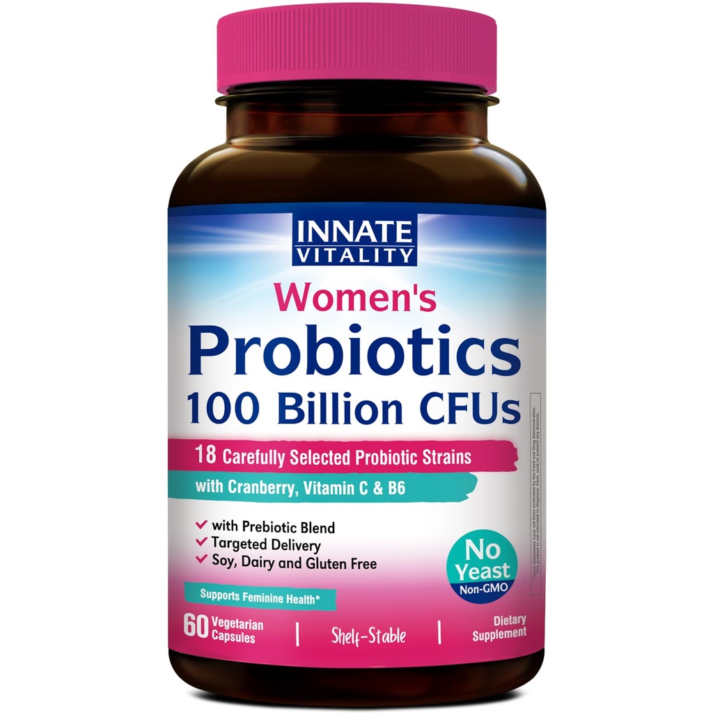 Innate Vitality Probiotika til kvinder, 100 Millioner CFU 'er 18 Spor, Prebiotika og Probiotika, med Cranberry, C-vitamin & B6 P5P, Vaginal & fordøjelsessygdomme, Ikke nedkølet, 60 Caps