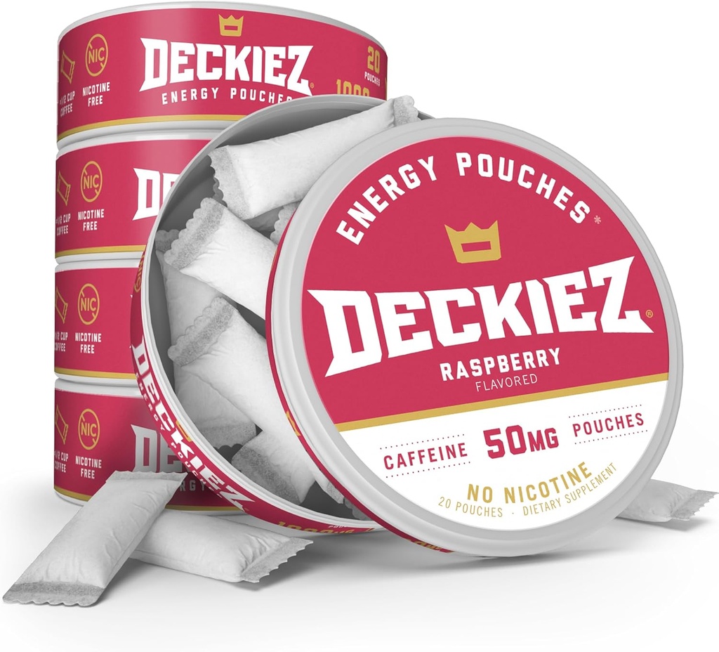 Deckiez Energy Pouches, 5 Cans (100 Servere), Sukker gratis koffein supplement, Kaffe Pouches & Energy Drink Alternativ, 50mg Koffein Pouches, Raspberry Flavor