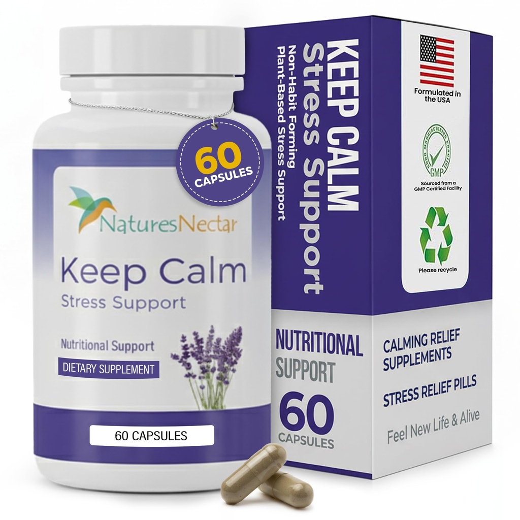 Naturens nektar Angst og Stress Relief kosttilskud - Hold rolige kapsler med Ashwagandha, GABA, Magnesium & 5- HTP - Nervøsitet & Irritability Mood Supports Afslapning Lemon Balm 60 Fyldte kapsler