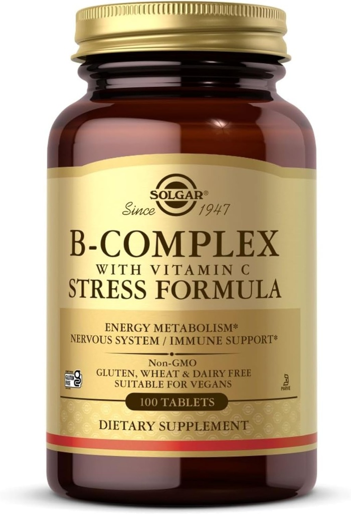 Solgar B- Kompleks med C-vitamin - 100 tabletter - Non- GMO, Vegan, Kosher & Gluten Free - 50 Servere