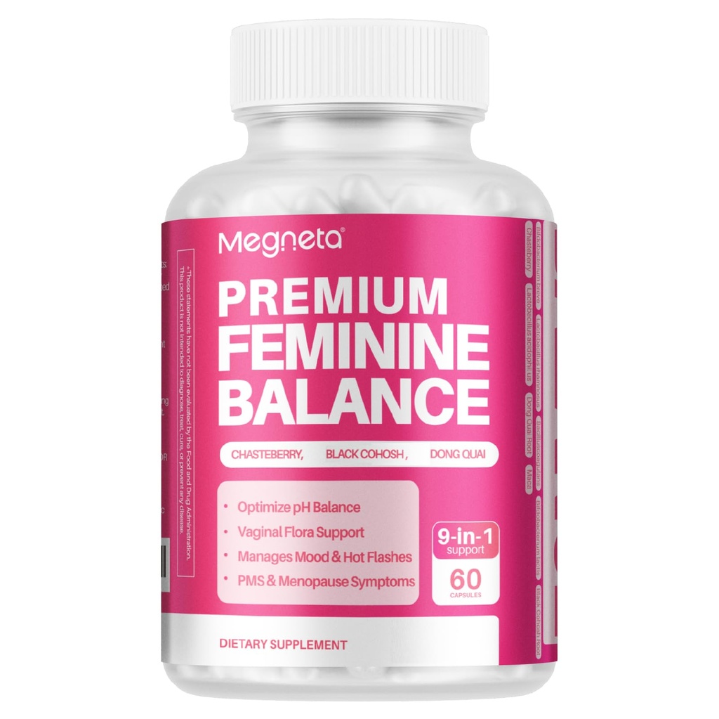 Feminin Balance Kosttilskud - for kvinder Energi, Menopause Sundhed & Hormone Balance, med Black Cohosh, Chasteberry, 10 milliarder CFU Probiotika - 60 kapsler