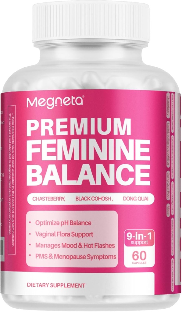 Feminin Balance Kosttilskud - for kvinder Energi, Menopause Sundhed & Hormone Balance, med Black Cohosh, Chasteberry, 10 milliarder CFU Probiotika - 60 kapsler