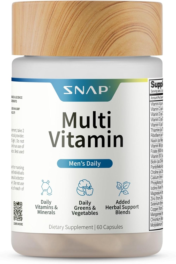 Snap Kosttilskud Mænd Multivitaminer - Daglige vitaminer og mineraler til mænd - D-vitamin, B12, zink, urter og C-vitamin til energi & immunforsvar, Multivitamin til mænd, 60 kapsler