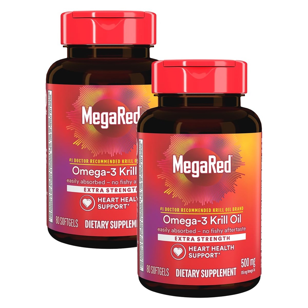 MegaRed Extra Strength 500mg Omega-3 Krill Oil Supplement med EPA / DHA, Ingen Fishy eftersmag understøtter hjerte sundhed, 80 Count Softgels (2 Pack)