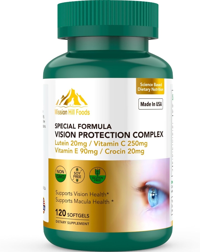 Lutein og Zeaxanthin Kosttilskud - 6 i 1 Vision Protection Complex med Lutein 20mg, Zeaxanthin, Astaxanthin, Crocin, Vitamin C & E, 120 Softgels, Non- GMO, Gluten- Free, Understøtter Eye Health