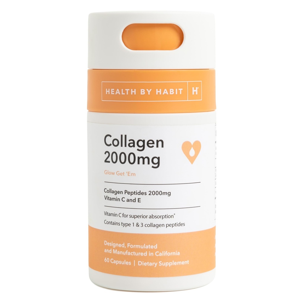 Health by Habit Collagen Supplement (60 Capsules) - Vitamin C & Vitamin E, 2000mg, Collagen Peptides, Superior Absorption, Support Your Skin, Non-GMO, Sugar Free (1 Pack)