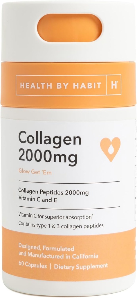 Sundhed ved Habit Collagen Supplement (60 kapsler) - C-vitamin & E-vitamin, 2000mg, Collagen Peptider, Superior Absorption, Support Your Skin, Non- GMO, Sugar Free (1 pakke)
