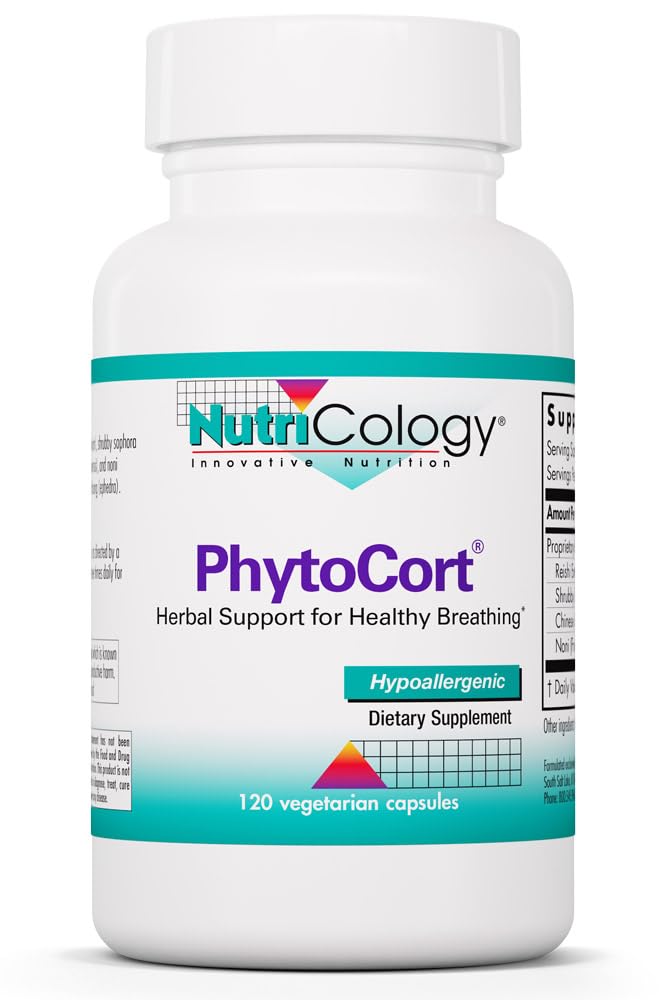 Nutricology PhytoCort Supplement - Respiratory Support, Lung Health, Lung Detox, Lung Cleanse, Sund vejrtrækning, Herbal Support, Reishi, Licorice, Noni, Vegetariske Kapsler - 120 Greve
