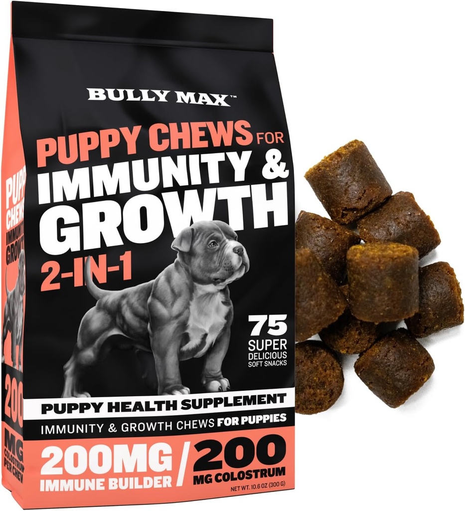 Bully Max 2- 1 Puppy Treats Soft Chews for Immunity & Growth - Hundevitaminer og kosttilskud - Essential Multivitamin Food Topper til sundhed & immunforsvar - Små, mellemstore og store Breed Puppies