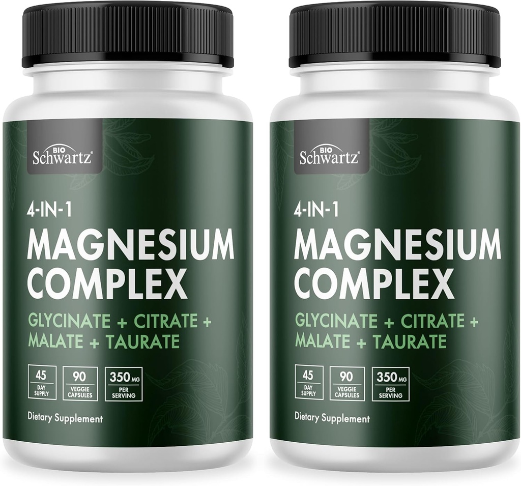 BioSchwartz Magnesium Complex Supplement (2 Pack) 350 mg Magnesium Glycinat Citrate Malat og Taurat Per servering for sunde nerver Muskler Heart Sleep Support (Vegan, Gluten- Free, Non- GMO)