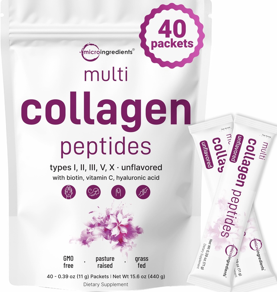 Micro Ingredients Multi Collagen Peptider Powder, 40 Stick Packs Б124; Type I, II, III, V, X + Biotin, Vitamin C & Hyaluronic Acid Б124; Unflavored Measures 124; Understøtter hår, hud & fælles sundhed