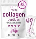 Micro Ingredients Multi Collagen Peptider Powder, 40 Stick Packs Б124; Type I, II, III, V, X + Biotin, Vitamin C & Hyaluronic Acid Б124; Unflavored Measures 124; Understøtter hår, hud & fælles sundhed