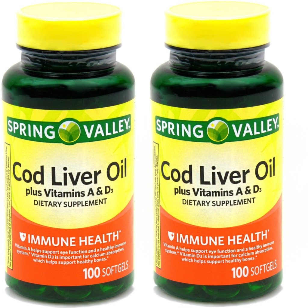 Spring Valley - Torsk Leverolie med vitamin A & D 100 softgel (pakke med 2)