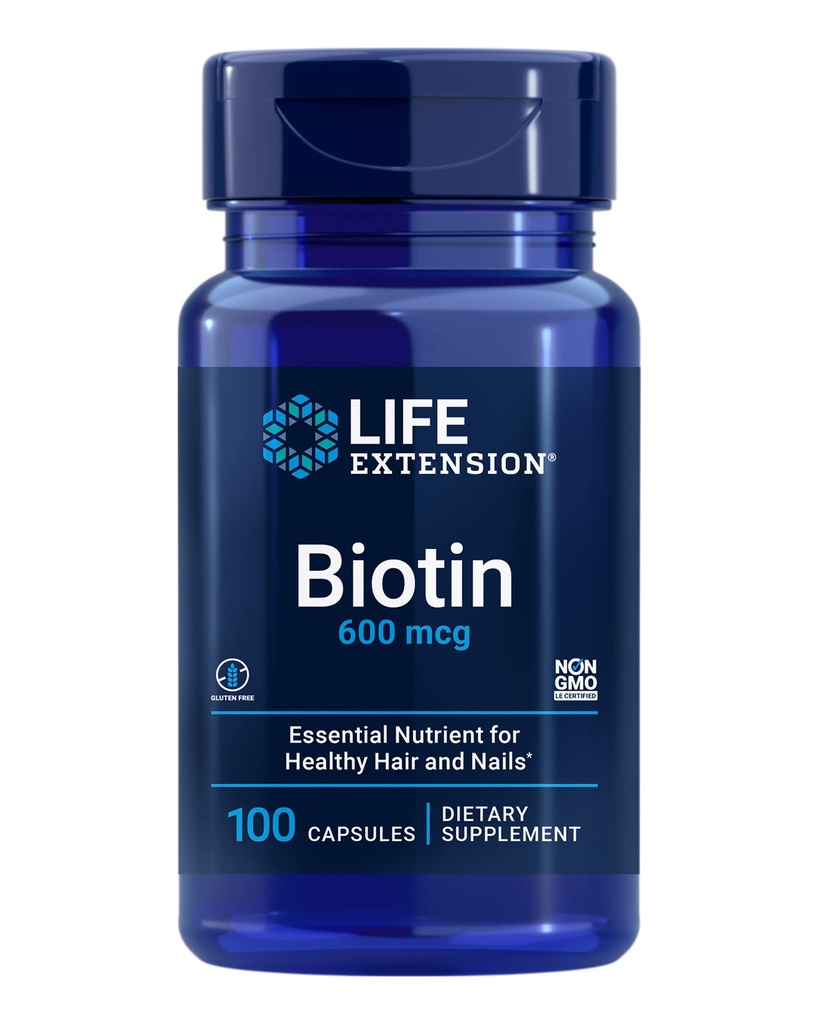 Life Extension Biotin 600 mcg vitamin B7 Support for smukke hår, negle & Beyond - Glutenfri, ikke-GMO - 100 kapsler