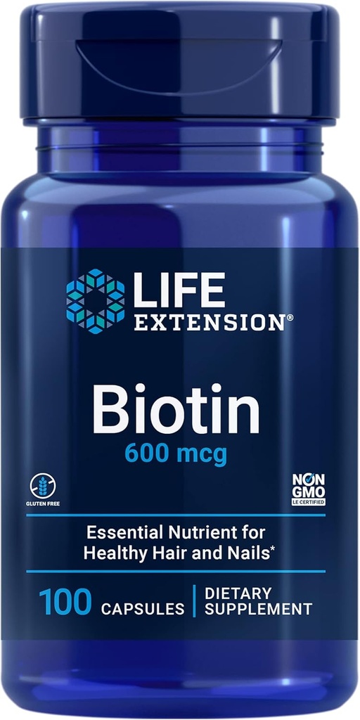 Life Extension Biotin 600 mcg vitamin B7 Support for smukke hår, negle & Beyond - Glutenfri, ikke-GMO - 100 kapsler