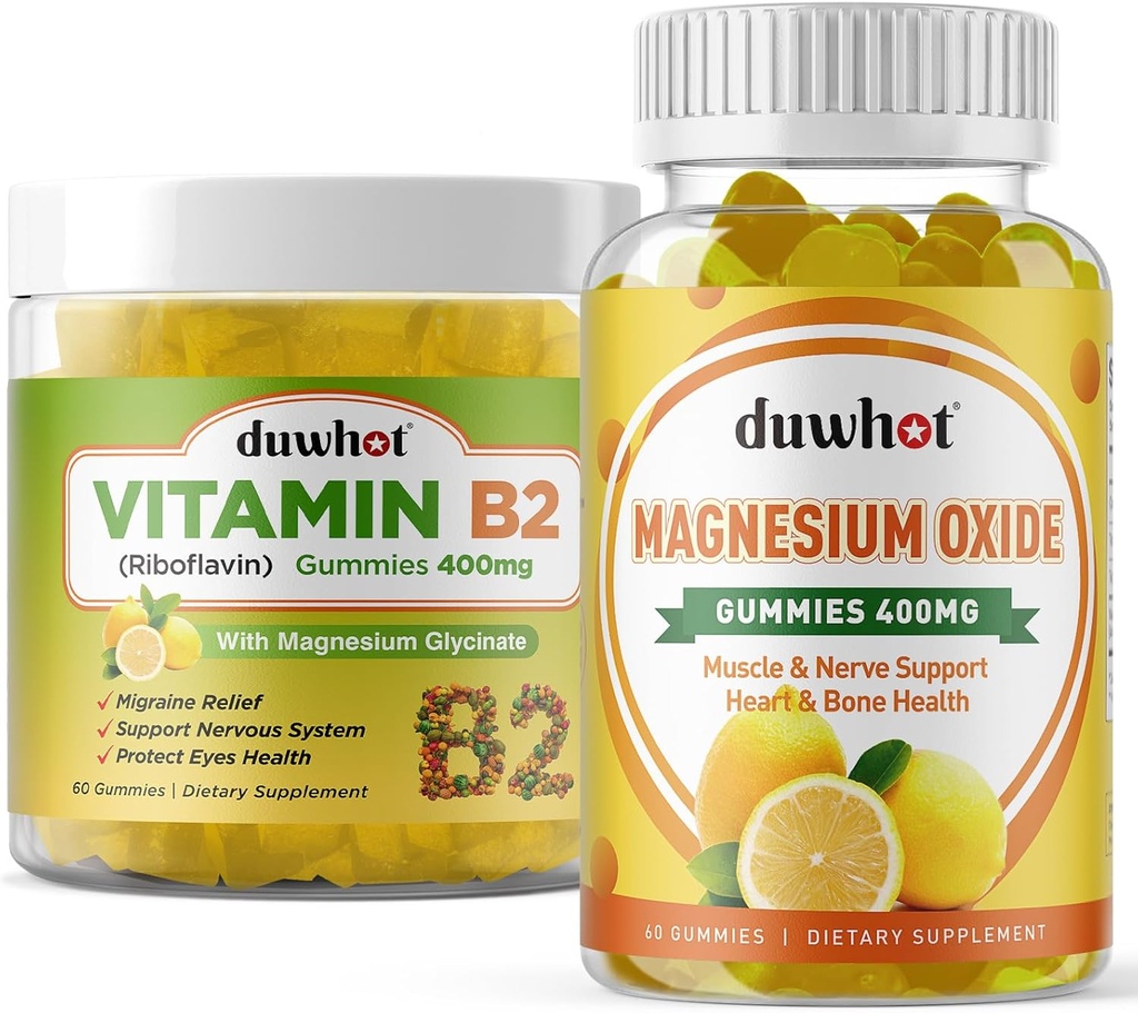 Migræne Relief - Vitamin B2 Gummies (Riboflavin) 400mg & Magnesium Oxide Gummies 400mg, Hovedpine Relief & Nervesystemet Support