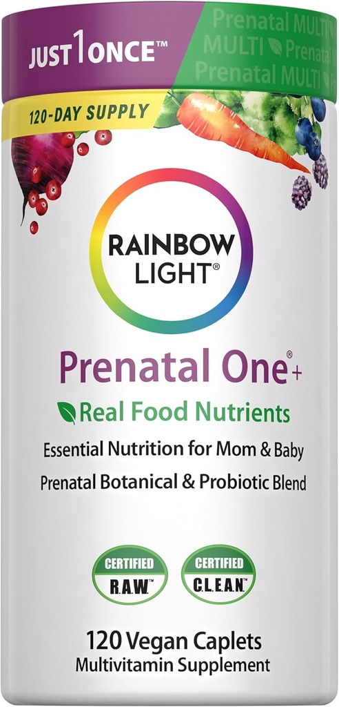 Rainbow Light High- Potency Prenatal One Multivitamin, Prenatal Sundhed Multivitamin Understøtter mors sundhed og Baby udvikling, Med C-vitamin, Vegan, 120 Greve