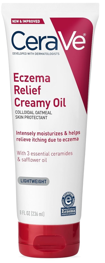 CeraVe Eksem Relief Creamy Body Oil, Eksem Calming Cream med kolloid havregryn & saflorolie til tør hud & Itchy Hudlindring, Steroid Free & Paraben Free, 8 Ounce