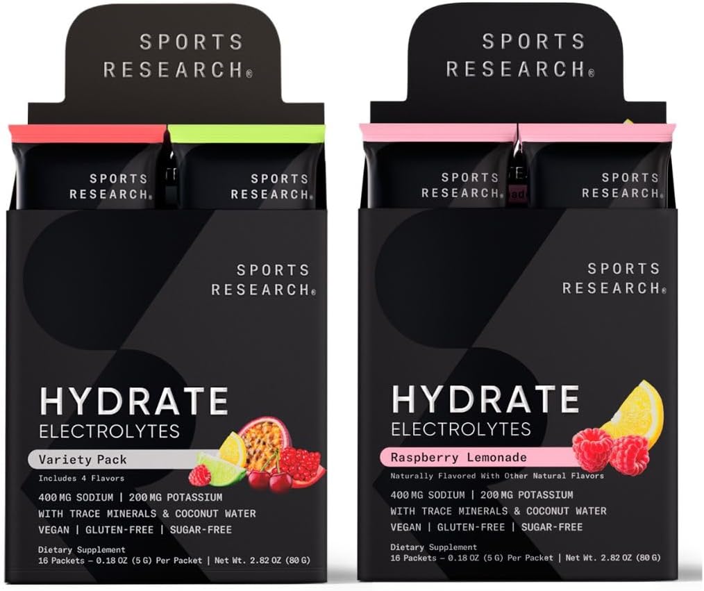 Sportsforskning Hydrate Electrolytes Combo Pack - Sugar- Free & naturligt smag med vitaminer, mineraler, og kokos vand - Understøtter hydrering - 32 pakker - Raspberry Lemonade Dominant Flavor