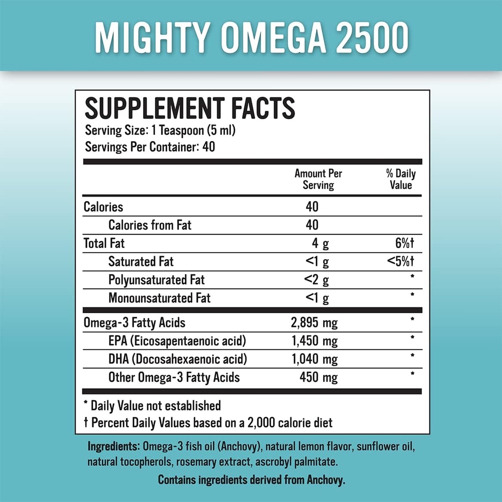 Mægtige Omega 2500 Potent Omega 3 Supplement - 2500 MG EPA DHA Per Teaspon - Høj dosis Omega 's 3 Fish Oil - South Pacific Anchovy Sourced - Triglycerid Omegas 3 Fedtsyretilskud