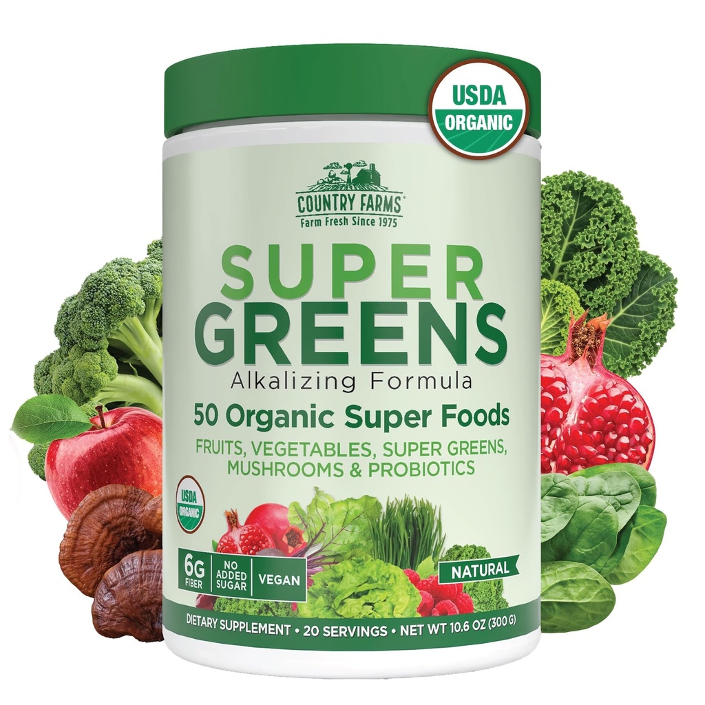 Country Farms Organic Super Green Natural Flavor, 50 Organic Super Foods, pakket med Fiber, USDA Organic Drink Mix, Frugter, Grøntsager, Svampe & Probiotika, Understøtter Energi, 6g Fiber