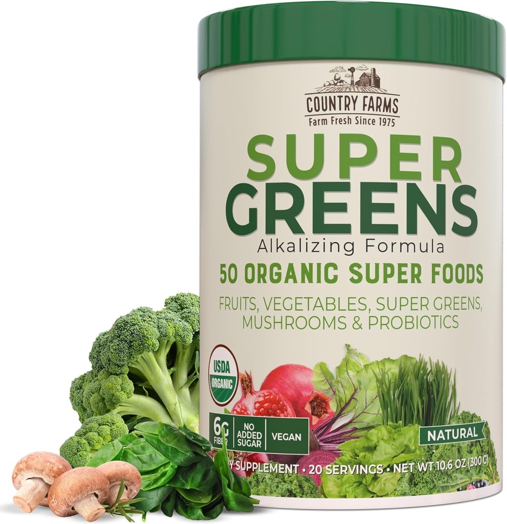 Country Farms Organic Super Green Natural Flavor, 50 Organic Super Foods, pakket med Fiber, USDA Organic Drink Mix, Frugter, Grøntsager, Svampe & Probiotika, Understøtter Energi, 6g Fiber
