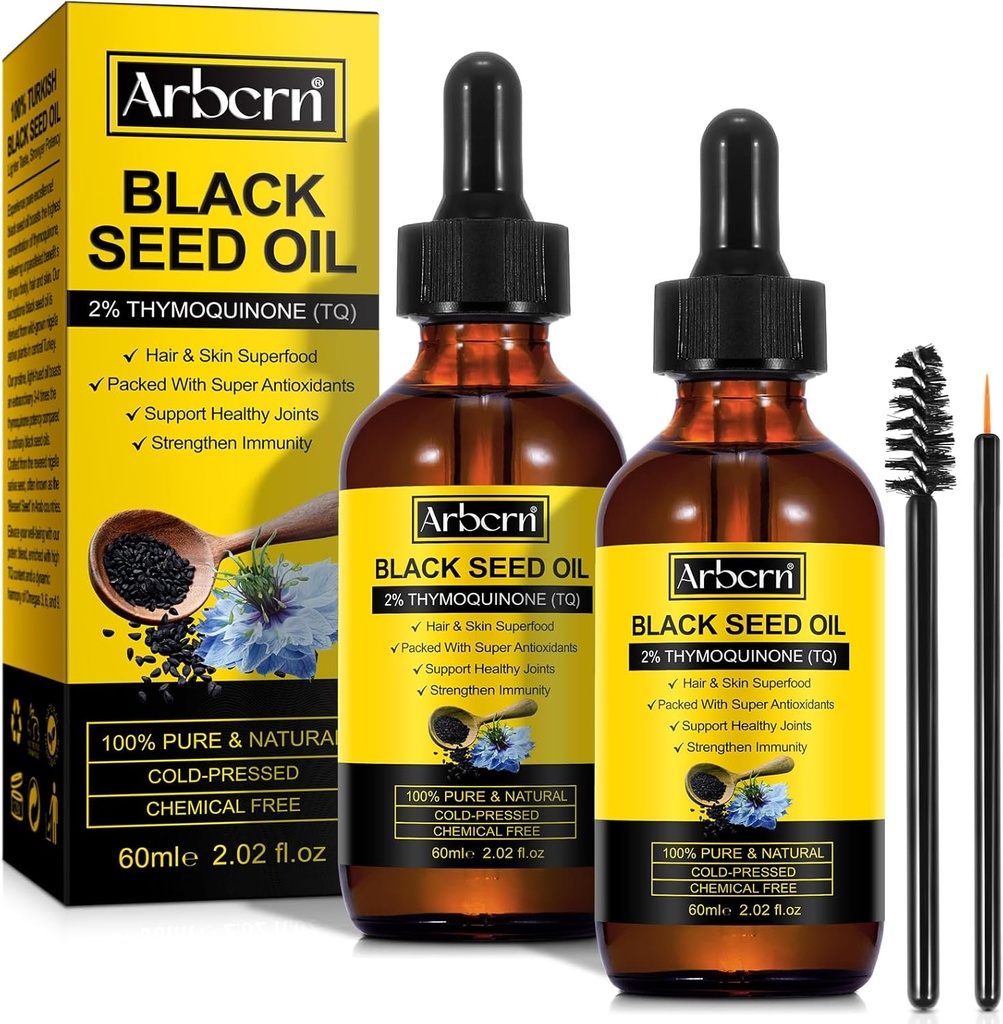 2 Pack Black Seed Oil Organic Cold Pressed, 100% Pure & Natural Liquid Black Seed Oil Cold Pressed Glas flaske 60ML til hudtæer, nærbilleder og hydrater hår
