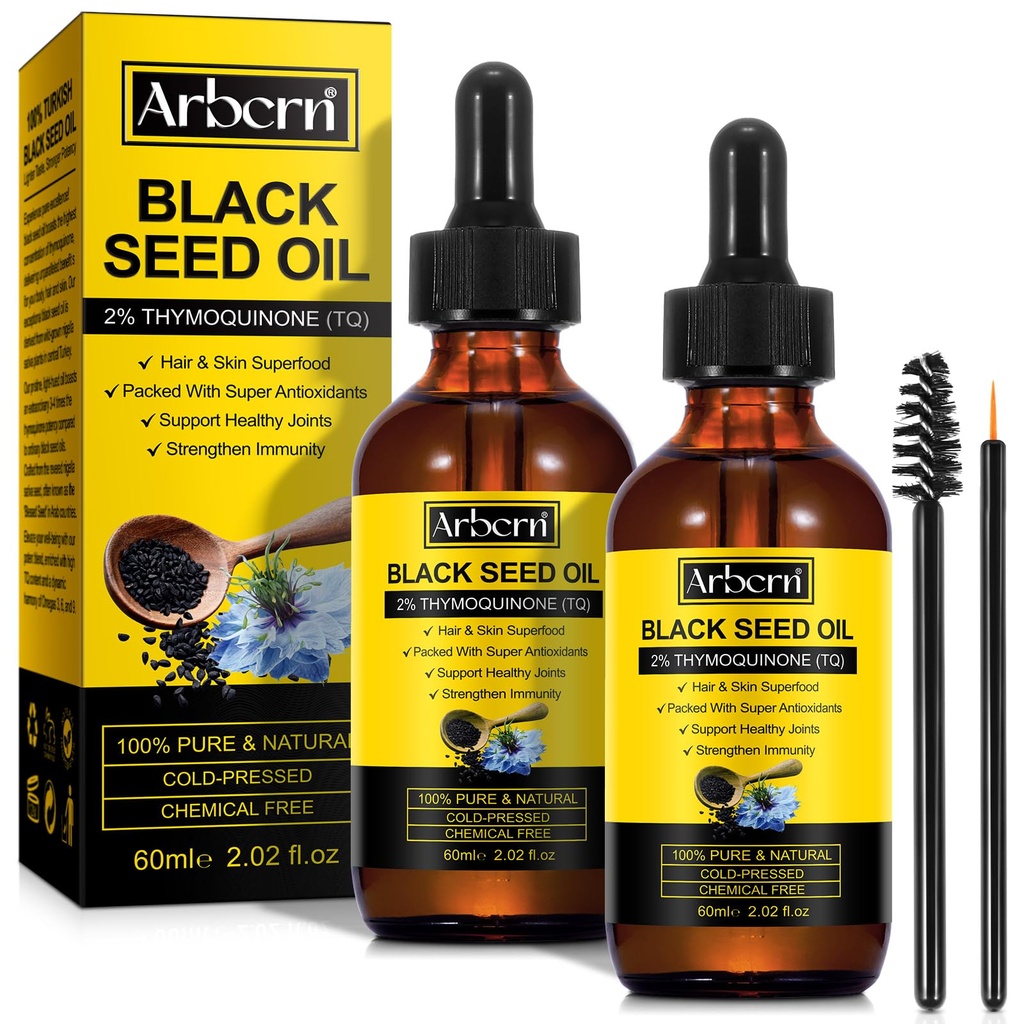 2 Pack Black Seed Oil Organic Cold Pressed, 100% Pure & Natural Liquid Black Seed Oil Cold Pressed Glas flaske 60ML til hudtæer, nærbilleder og hydrater hår