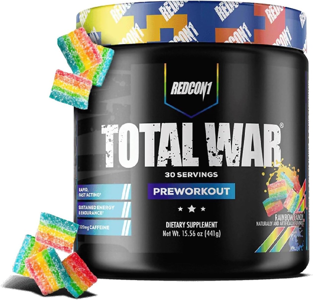 REDCON1 Total War Pre Workout, Rainbow Candy - Beta Alanine + Citrulline Malate Keto Friendly Preworkout for mænd og kvinder med 320mg af koffein - Hurtig fungerende (30 Servere)