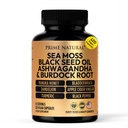 PRIME NATURAL Sea Moss 3000mg Black Seed Oil 2000mg Ashwagandha 1000mg Gurkemeje 1000mg Bladderwrack 1000mg Burdock 1000mg Manuka Honey Dandelion ACV - 120 Kapsler 124; 60 Days Supply