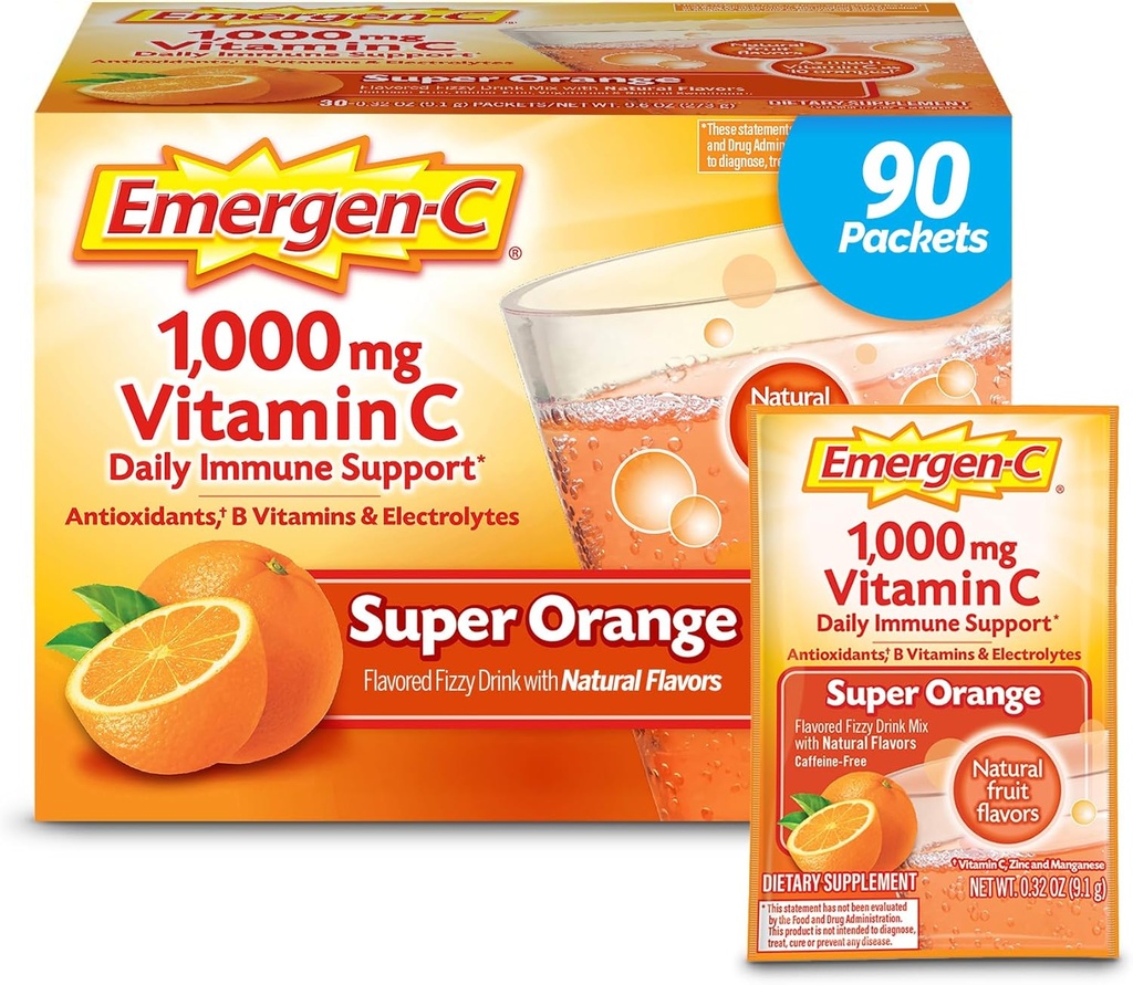 Emergen- C 1000mg C-vitamin pulver til daglig immunstøtte Koffein fri C-vitamin kosttilskud med zink og mangan, B-vitaminer og elektrolyter, Super Orange Flavor - 90 Grev / 3 Måned Supply