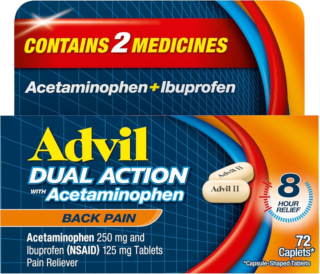 Advil Dual Action Rygsmerter Kapsler Leveres 250 mg Ibuprofen og 500 mg Acetaminophen per dosis for 8 timer Rygsmerter Relief - 72 Tælling