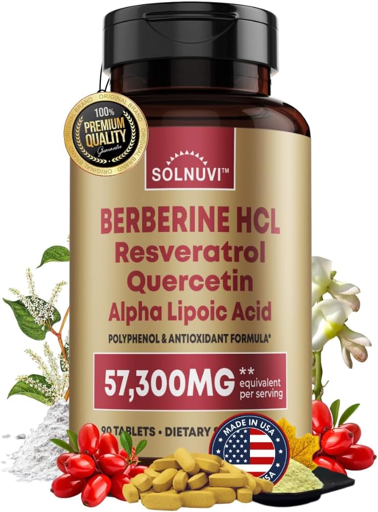 Premium Berberine tillæg med Resveratrol Quercetin Alpha Lipoic Acid - 50: 1 Berberine HCl Complex Potent Antioxidanter, Polyphenoler, Vitality Boost - 90 Vegan tabletter, Non- GMO, Gluten- Free