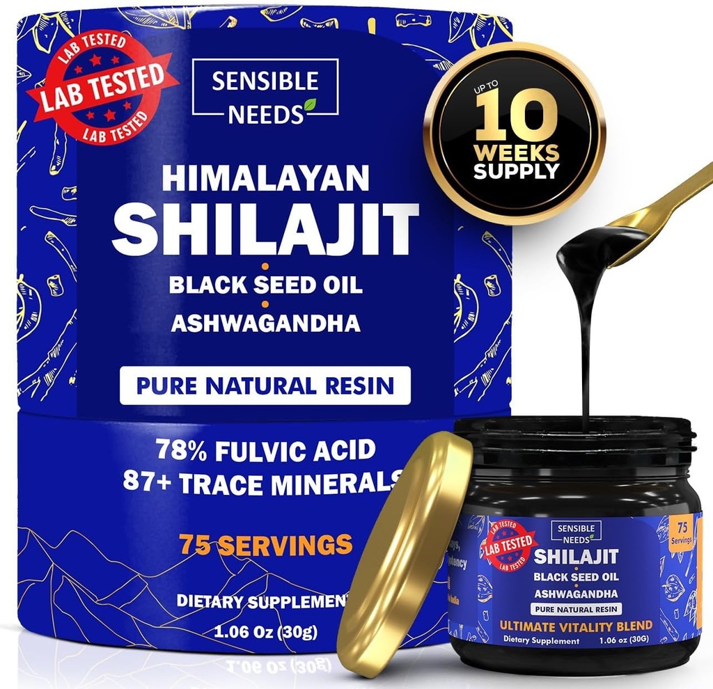 Pure Himalayan Shilajit Organic Resin Supplement, Shilajit for mænd og kvinder med Black Seed Oil & Ashwagandha, Energi, Immunitet, 78% Fulvic Acid, 87 + Trace Minerals, 400mg